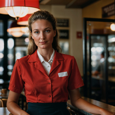 photo of beautiful woman as a waitress standing in retro dining restaurant, generative AI